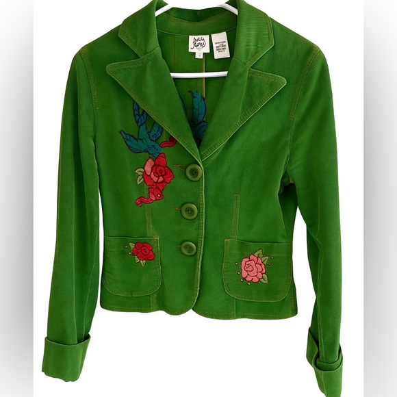 🌹 Ivy Jane Green Corduroy Embroidered Blazer Jacket Boho Western Love Bird M - Picture 2 of 9